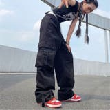 ブラック | 裾ベルトカーゴパンツ 韓国 ストリート レディース ルーズ ワイドパンツ | sevens