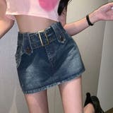 ブルー | ベルト付きスカート 韓国 デニム ミニ丈 Y2K 海外ガール カジュアル | sevens