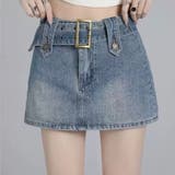 サックス | ベルト付きスカート 韓国 デニム ミニ丈 Y2K 海外ガール カジュアル | sevens