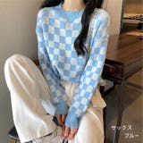 サックスブルー | ブロックチェックニットトップス 韓国 秋 | SHEENA