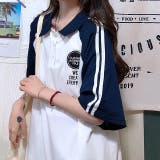 ホワイト | ラインスリーブポロ襟ゆったりTシャツ 春 夏 | SHEENA