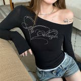 ブラック | ラインストーンロゴワンショルトップス ロンT 秋 | SHEENA 