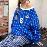 ブルー | ピンストライプワンショルダーゲームシャツトレーナー 春 秋 | SHEENA 