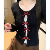 ブラック | レースレイヤードリボンリブニットトップス 春 秋 | SHEENA