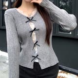 グレー | レースレイヤードリボンリブニットトップス 春 秋 | SHEENA