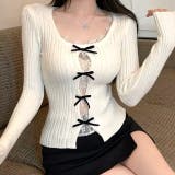 アイボリー | レースレイヤードリボンリブニットトップス 春 秋 | SHEENA