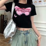 ブラック | バタフライロゴプリントショート丈Tシャツ | SHEENA