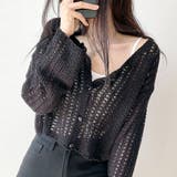 ブラック | ゆったりスリーブ透かし編みニットカーディガン | SHEENA 