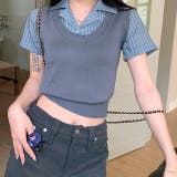 レイヤード風ストライプ半袖シャツ×ニットベストトップス | SHEENA  | 詳細画像21 