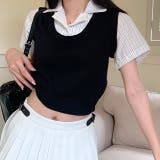 ブラック | レイヤード風ストライプ半袖シャツ×ニットベストトップス | SHEENA 