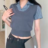 グレー | レイヤード風ストライプ半袖シャツ×ニットベストトップス | SHEENA 