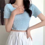 ライトブルー | スクエアネックくしゅくしゅ半袖トップス | SHEENA