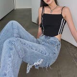 バックアシメダメージデニムワイドパンツ 韓国ファッション 韓国 | SHEENA  | 詳細画像9 