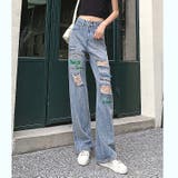 サックス | フロッキープリントダメージデニムパンツ 春 夏 | SHEENA 