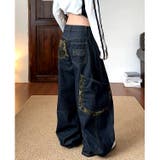 インディゴブルー | レオパード柄アクセントポケットデニムカーブパンツ ワイドパンツ 春 | SHEENA 