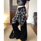 ブラック | フェイクレイヤードチェックシャツスウェットワイドパンツ | SHEENA