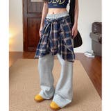 グレー | フェイクレイヤードチェックシャツスウェットワイドパンツ | SHEENA