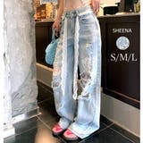 ラインストーン付きレースダメージデニムワイドパンツ | SHEENA  | 詳細画像1 