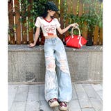 ラインストーン付きレースダメージデニムワイドパンツ | SHEENA  | 詳細画像11 