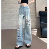 ラインストーン付きレースダメージデニムワイドパンツ | SHEENA  | 詳細画像15 