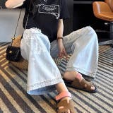 ラインストーン付きレースダメージデニムワイドパンツ | SHEENA  | 詳細画像18 