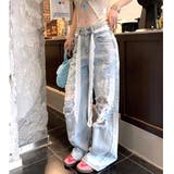 ラインストーン付きレースダメージデニムワイドパンツ | SHEENA  | 詳細画像2 