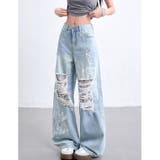 ラインストーン付きレースダメージデニムワイドパンツ | SHEENA  | 詳細画像23 