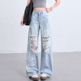 ラインストーン付きレースダメージデニムワイドパンツ | SHEENA  | 詳細画像24 