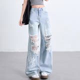 ラインストーン付きレースダメージデニムワイドパンツ | SHEENA  | 詳細画像25 