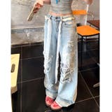 ラインストーン付きレースダメージデニムワイドパンツ | SHEENA  | 詳細画像3 