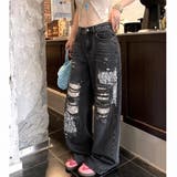 ラインストーン付きレースダメージデニムワイドパンツ | SHEENA | 詳細画像20
