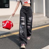 ラインストーン付きレースダメージデニムワイドパンツ | SHEENA | 詳細画像24