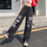 ラインストーン付きレースダメージデニムワイドパンツ | SHEENA | 詳細画像25