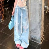 ラインストーン付きレースダメージデニムワイドパンツ | SHEENA  | 詳細画像4 