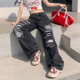 ラインストーン付きレースダメージデニムワイドパンツ | SHEENA | 詳細画像27