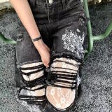 ラインストーン付きレースダメージデニムワイドパンツ | SHEENA | 詳細画像35