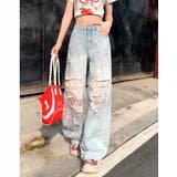 ラインストーン付きレースダメージデニムワイドパンツ | SHEENA  | 詳細画像7 