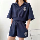ネイビー | ポロ襟トップス×スウェットショートパンツ 2点SET 春 | SHEENA