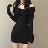 ブラック | クロスネックオフショルワイドリブニットワンピース 秋 冬 | SHEENA