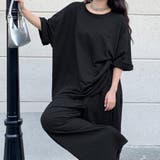 ブラック | ワンポイント刺繍ロゴオーバーサイズTシャツ×ゆったりイージーワイドパンツ | SHEENA