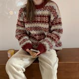 レッド | 幾何学ジャガードニットプルオーバー セーター クリスマス | Achic