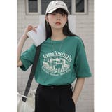 グリーン | ヴィンテージ風 綿100%前プリント半袖Tシャツ | Achic