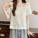 オフホワイト | 透かし編み半袖ニット Tシャツ | Achic