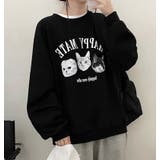 ブラック | 猫3匹プリンティングオーバーサイズスウェット | Achic