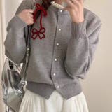 グレー | フロントリボン刺しゅうニットカーディガン | Achic