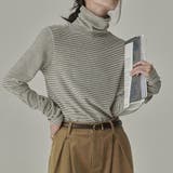 ホワイト | ストライプ柄 タートルネックカットソー | Achic
