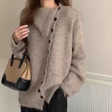 ベージュ | ボタンアップ大きい衿ニットプルオーバー | Achic