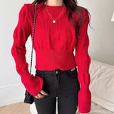 レッド | ベルスリーブクロップド丈ニットプルオーバー | Achic