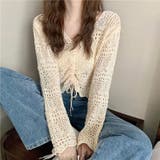 フロントシャーリング透かし編みニット かぎ編み Vネック | LADY LIKE  | 詳細画像4 