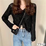 ブラック | フロントシャーリング透かし編みニット かぎ編み Vネック | LADY LIKE 
